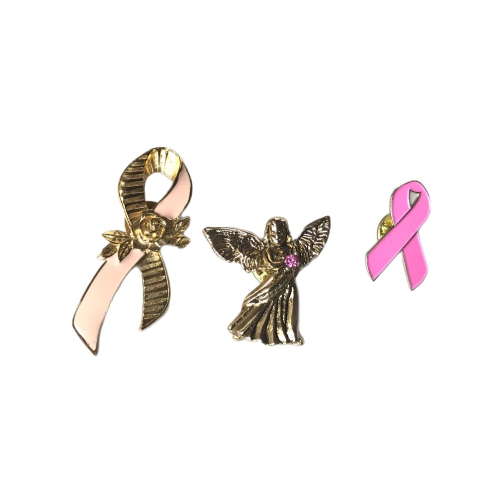 Lot Of 3 Breast Cancer Awareness 1 Avon Pink Ribbon Pin, 1 Angel, 1 Pin Unmarked